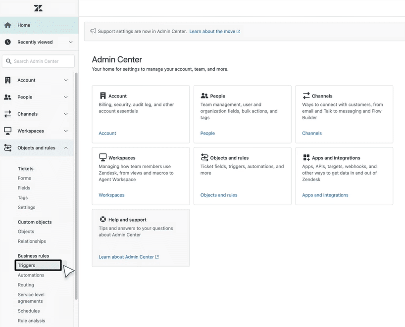 Zendesk Admin Center - Triggers