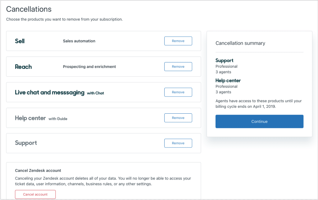 Zendesk cancel product or account