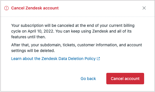 Zendesk cancel product or account