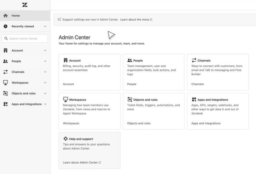 Zendesk admin center